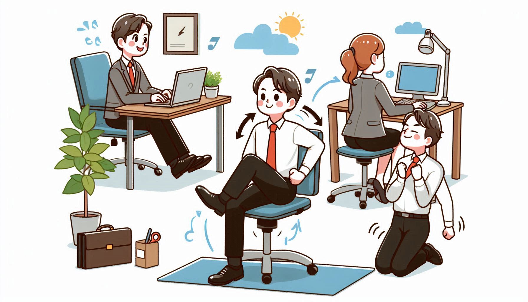 椅子に座ったままできるエクササイズをするサラリーマンのイラスト｜デスクワーク中の健康習慣