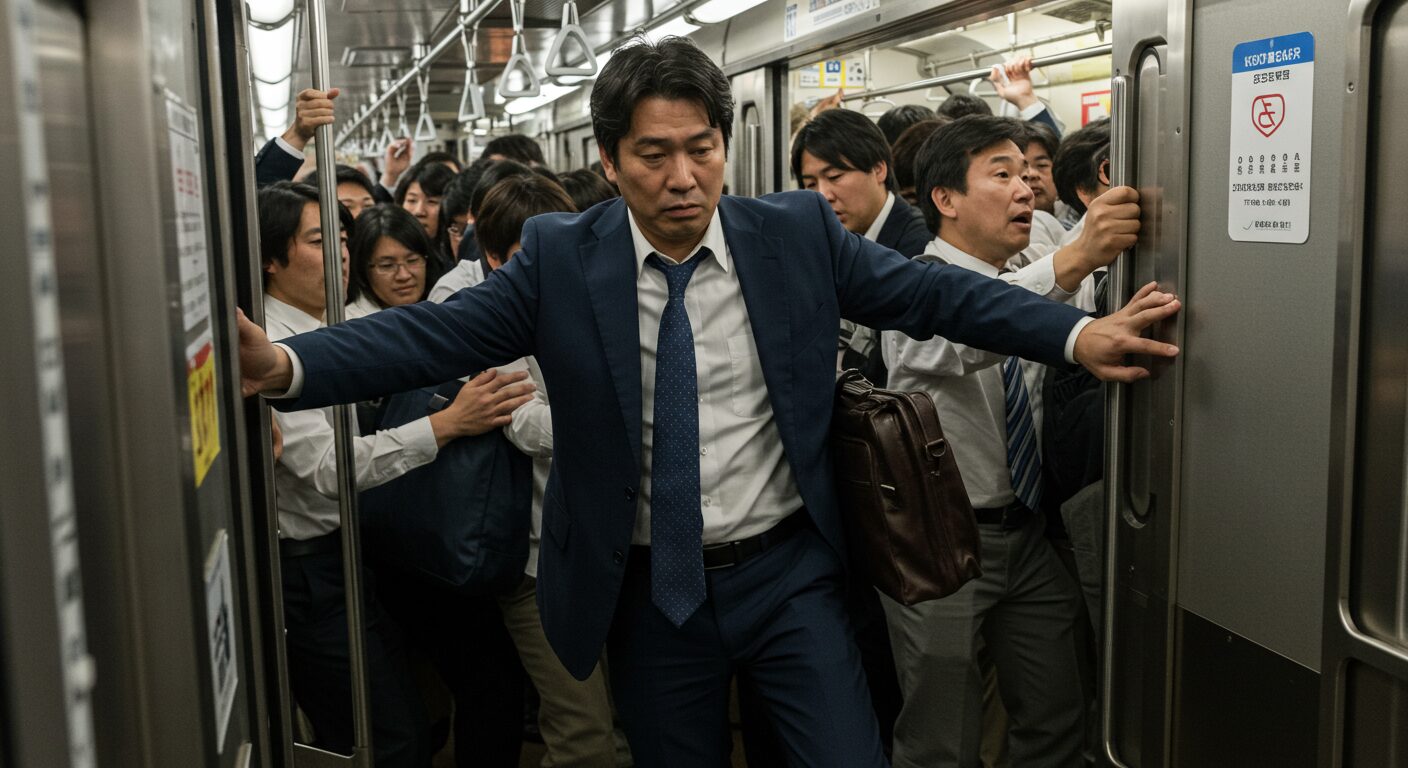 電車の通勤ラッシュで押しつぶされそうになるサラリーマン