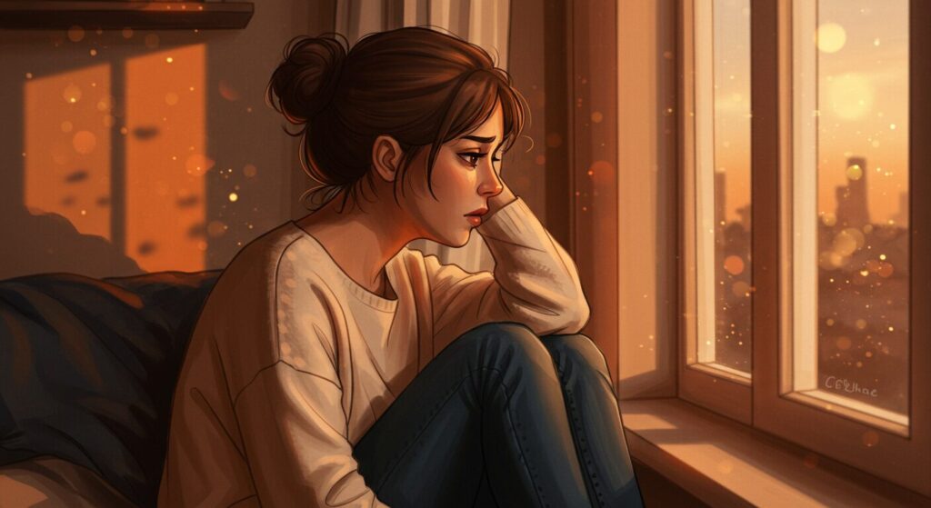 疲れた表情の女性が夕方の窓際でため息をついている、暖かみのあるイラスト