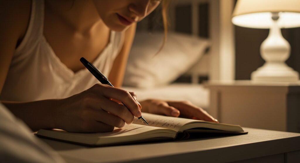 ベッドサイドで日記を書いている女性の手元、温かい間接照明の中