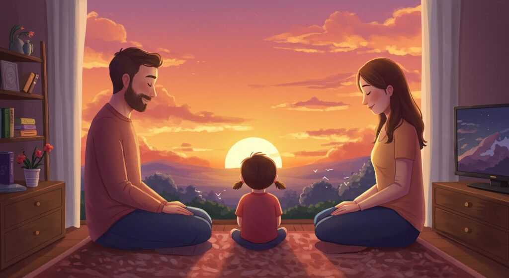 親子で一緒に深呼吸している微笑ましいイラスト、夕日の差し込む部屋