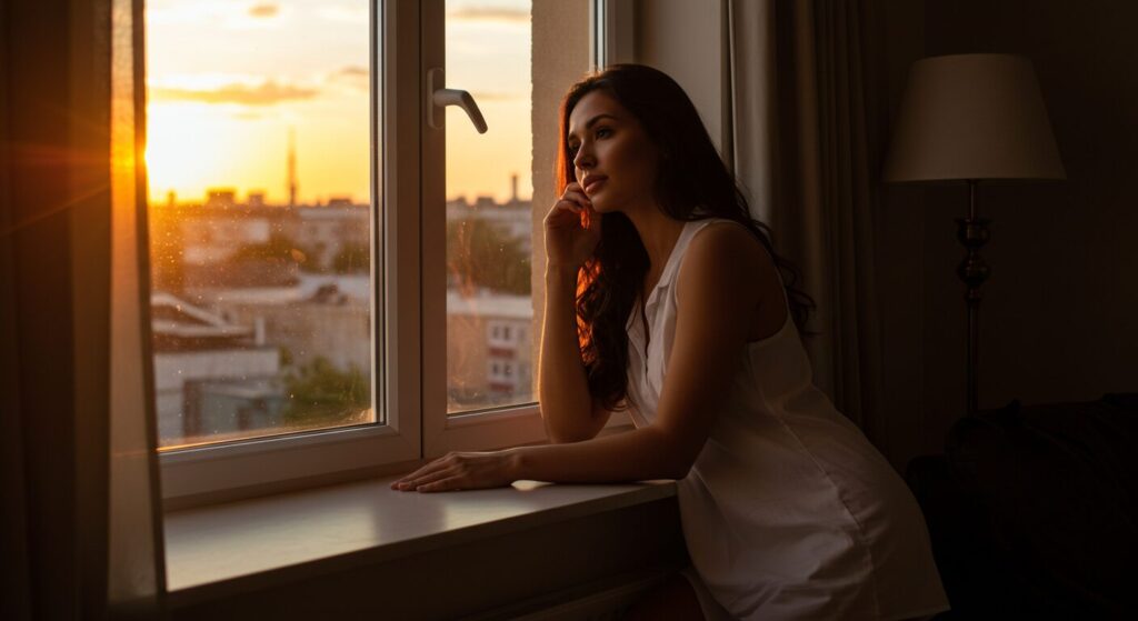 夕焼けの窓辺でリラックスしている女性、穏やかで希望に満ちた表情