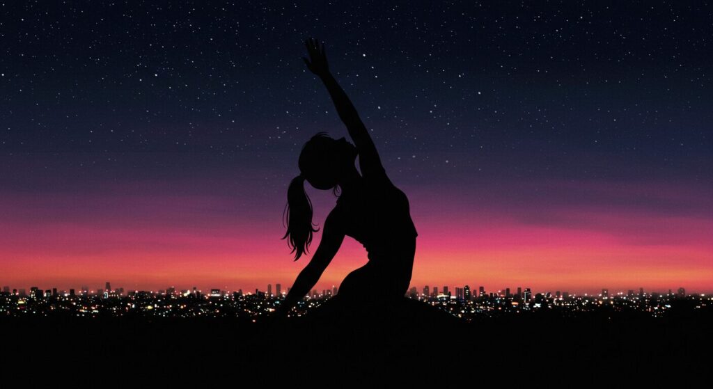 夜のリラックスした雰囲気の中、穏やかな表情でストレッチする人のシルエット