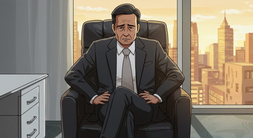 オフィスチェアに座って腰に手を当てて困った表情をするビジネスパーソンのイラスト