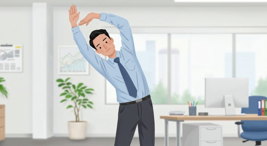 オフィスで短時間ストレッチをしている会社員のイラスト