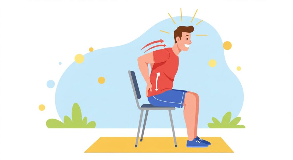 笑顔でイスエクササイズをしている人と、改善された腰痛をイメージした明るいイラスト
