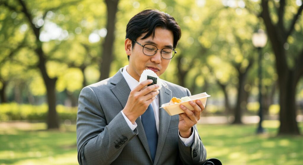 疲れた表情のビジネスパーソンがおにぎりを食べて元気になるイメージ、明るい自然光、温かみのある写真