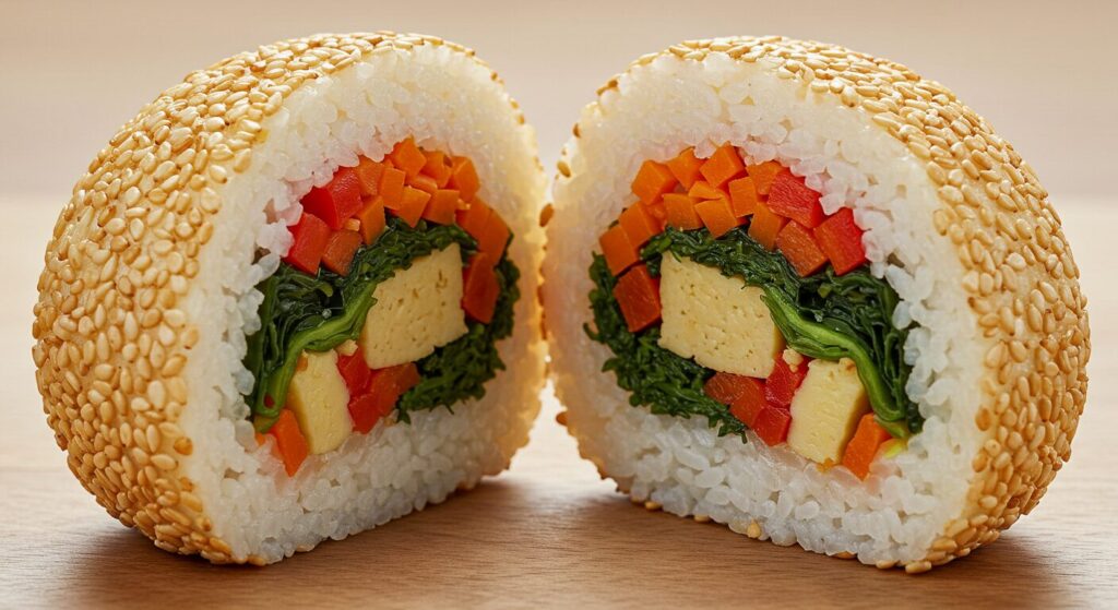 栄養バランスの良いおにぎりの断面図、カラフルな具材が見える美味しそうな写真