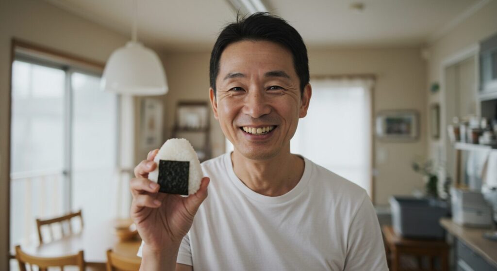 元気になった人がおにぎりを持って笑顔でいる写真、希望に満ちた明るい雰囲気