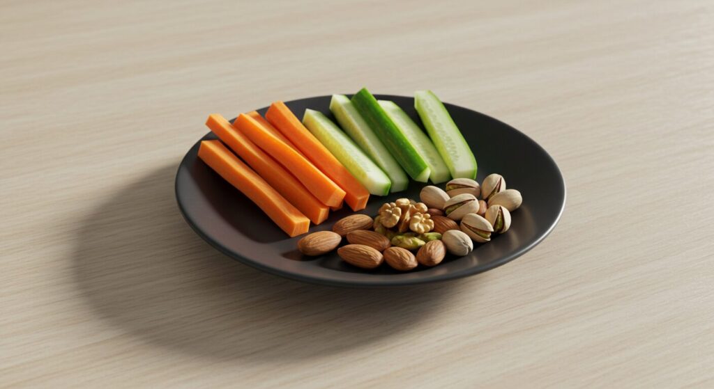 小皿に適量の食事が盛られたテーブルの写真。野菜スティックと小分けされたナッツも一緒に写っている