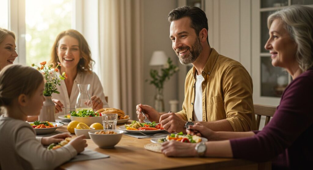 健康的な食事を楽しむ30代男性の笑顔の写真。家族と一緒に食卓を囲んでいる温かい雰囲気