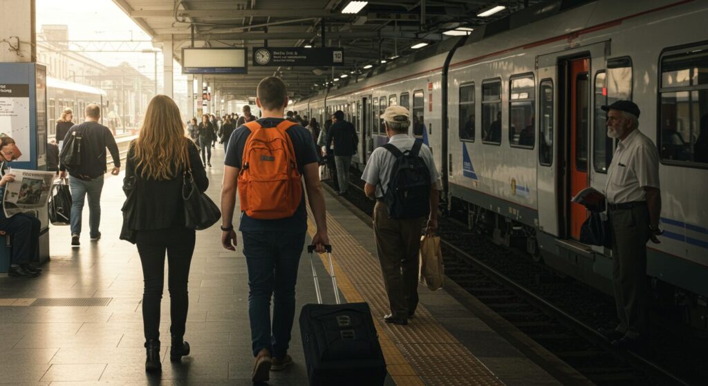 朝の駅で爽やかに電車を待つ人、健康的で活力のある雰囲気、明るい自然光