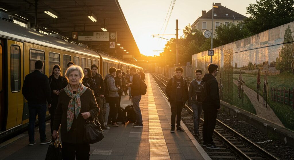 駅のホームで電車を待つ人々、健康的で前向きな雰囲気、夕方の温かい光