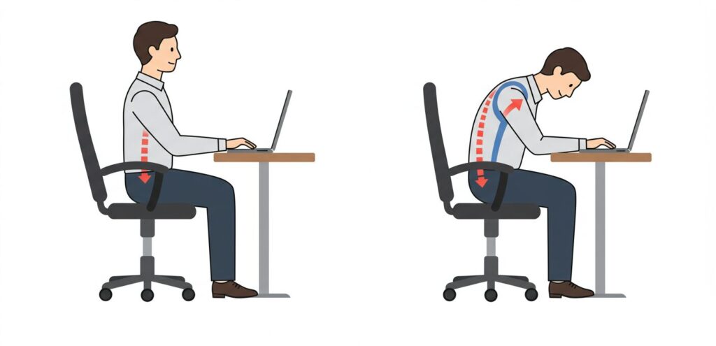 デスクワーク時の正しい姿勢と悪い姿勢を並べて比較したイラスト、シンプルで分かりやすいデザイン