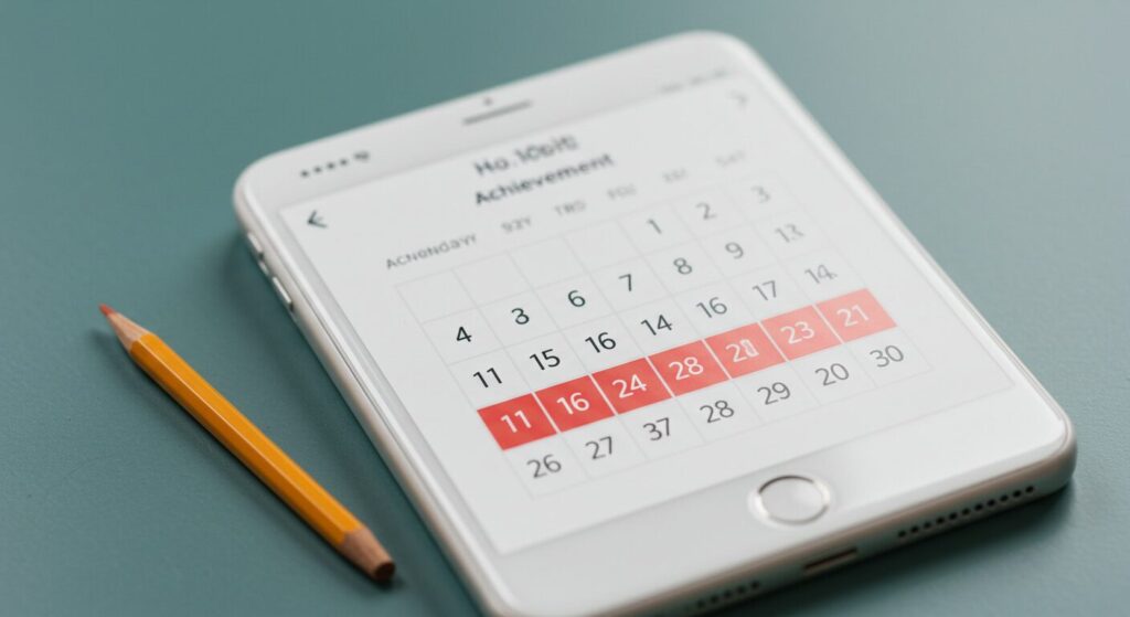 スマートフォンの習慣管理アプリ画面と、達成を示すカレンダーのスクリーンショット