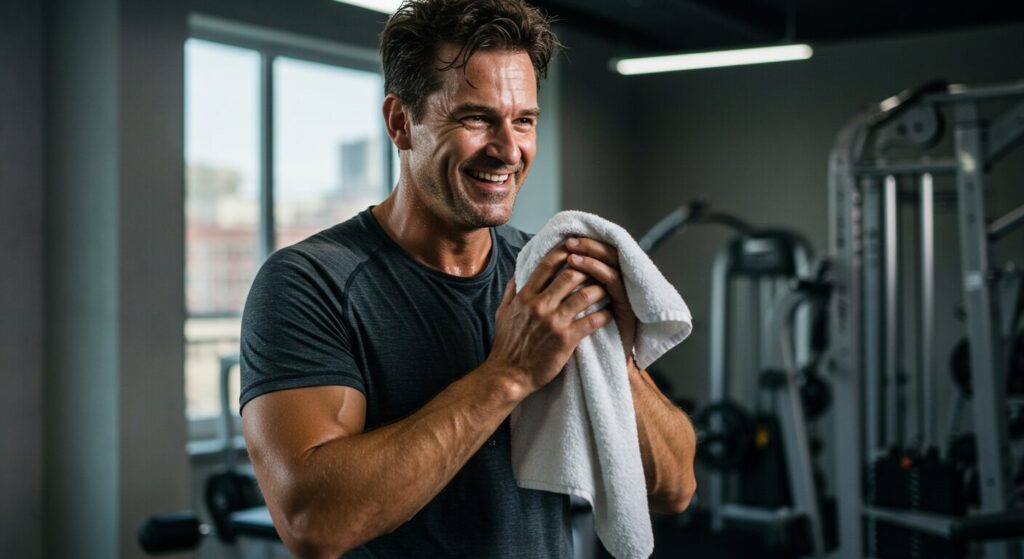 40代男性が爽やかな笑顔で筋トレ後にタオルで汗を拭いている様子