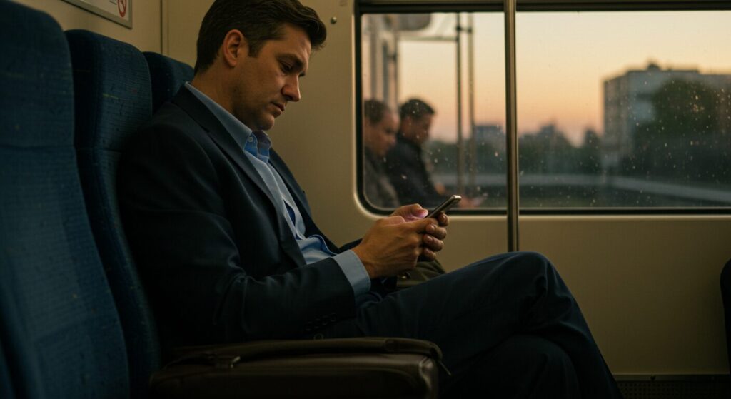通勤電車で疲れた表情でスマホを見ているビジネスパーソン、夕方の車内、自然光