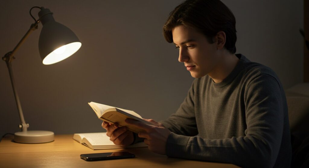 スマホを机に置いて、本を読んでいる人の手元、温かい照明、落ち着いた空間
