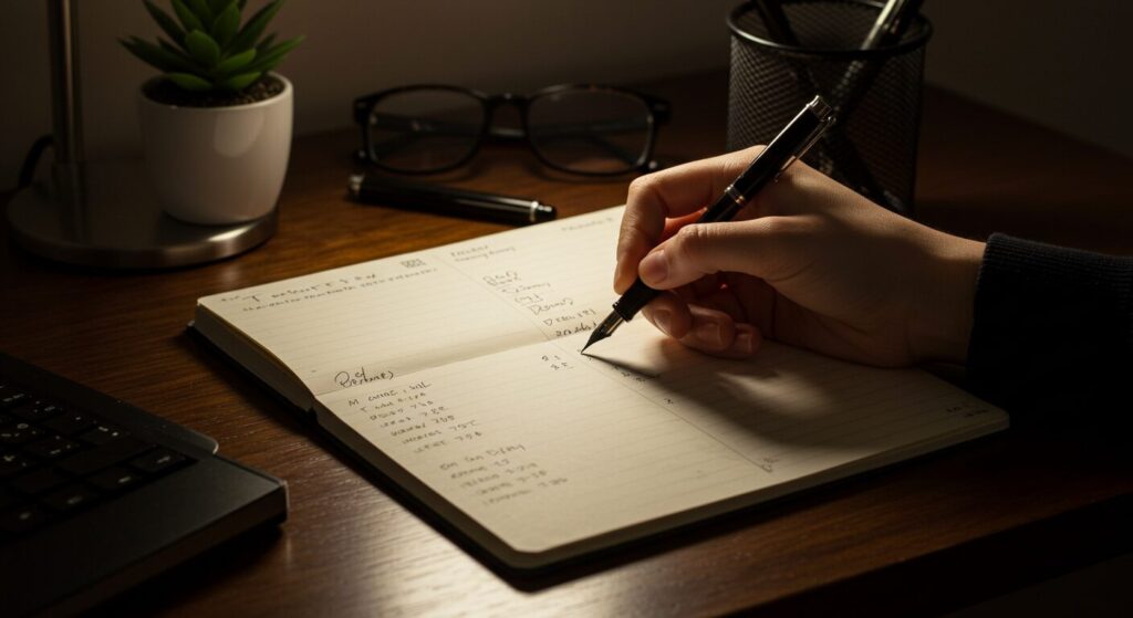 ノートにペンで書いている様子