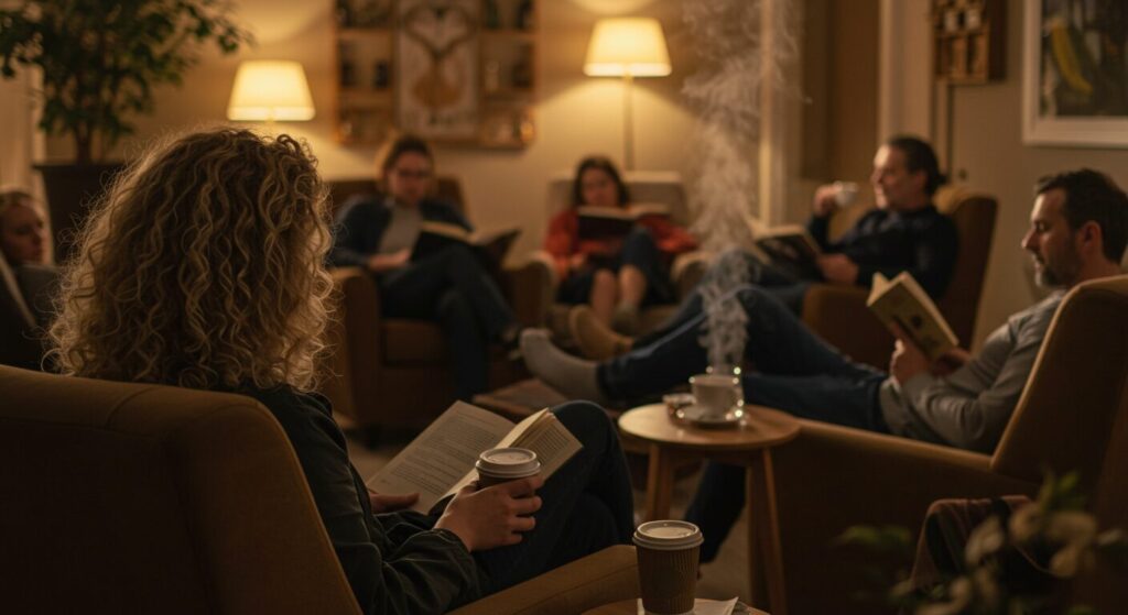 暖かい照明の部屋でリラックスしている人、コーヒーカップ、読書、癒しの空間