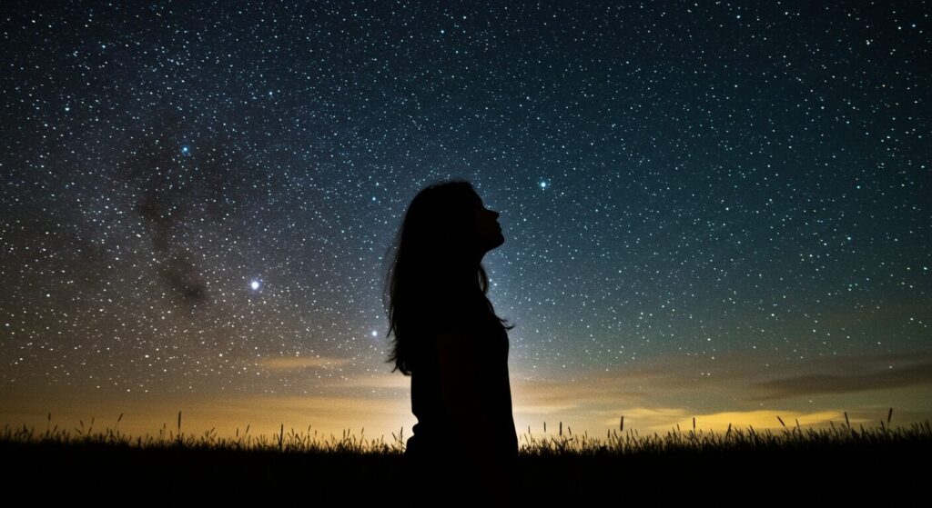 星空を背景に、静かに深呼吸をする人のシルエット、穏やかで瞑想的な雰囲気