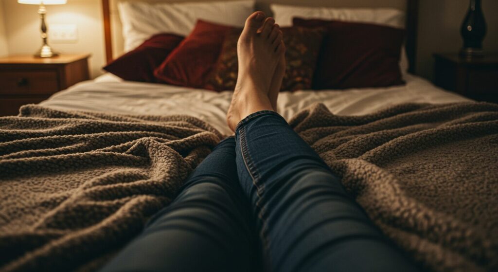 薄暗い寝室で、ベッドの上でリラックスしている人の足元から見た構図、暖かい毛布とクッション