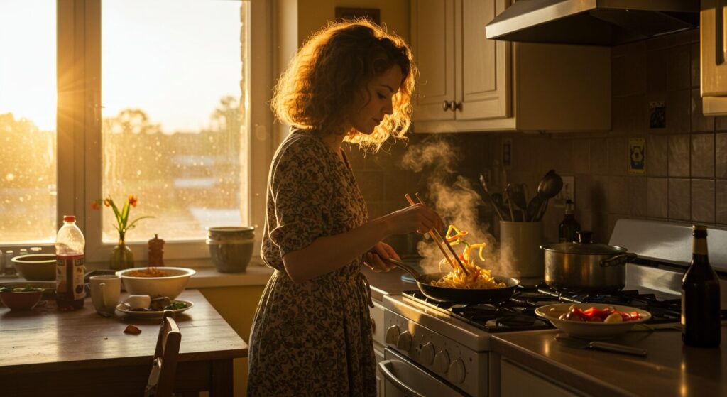 疲れて帰宅した女性がキッチンで簡単な料理を作っている温かい雰囲気の写真