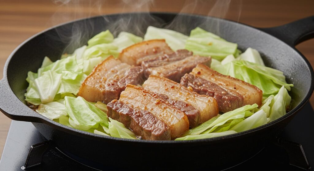 フライパンで作った豚バラとキャベツの蒸し焼きの完成写真、湯気が立っている