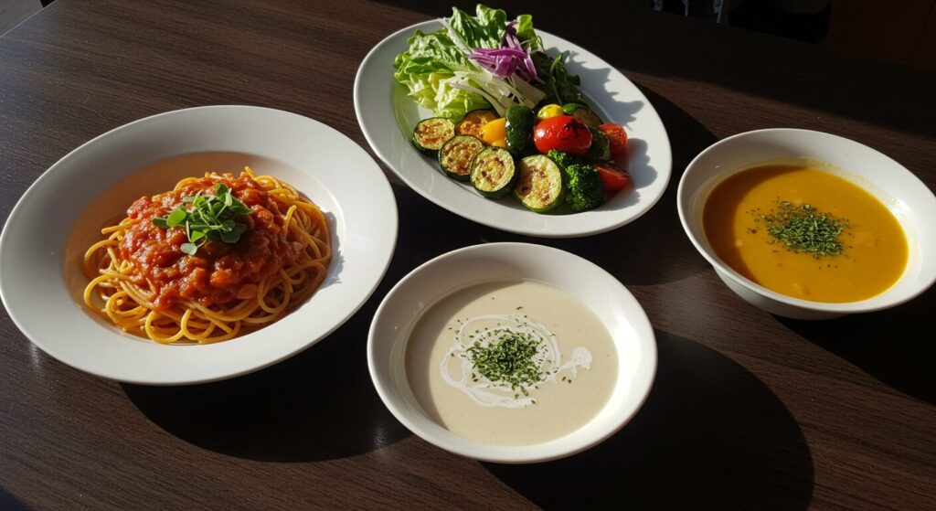 4つの料理が並んだテーブルの写真、温かい食事の雰囲気
