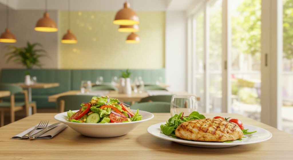 ヘルシーな外食メニューが並ぶテーブル、野菜サラダ、グリルチキン、明るいレストランの雰囲気