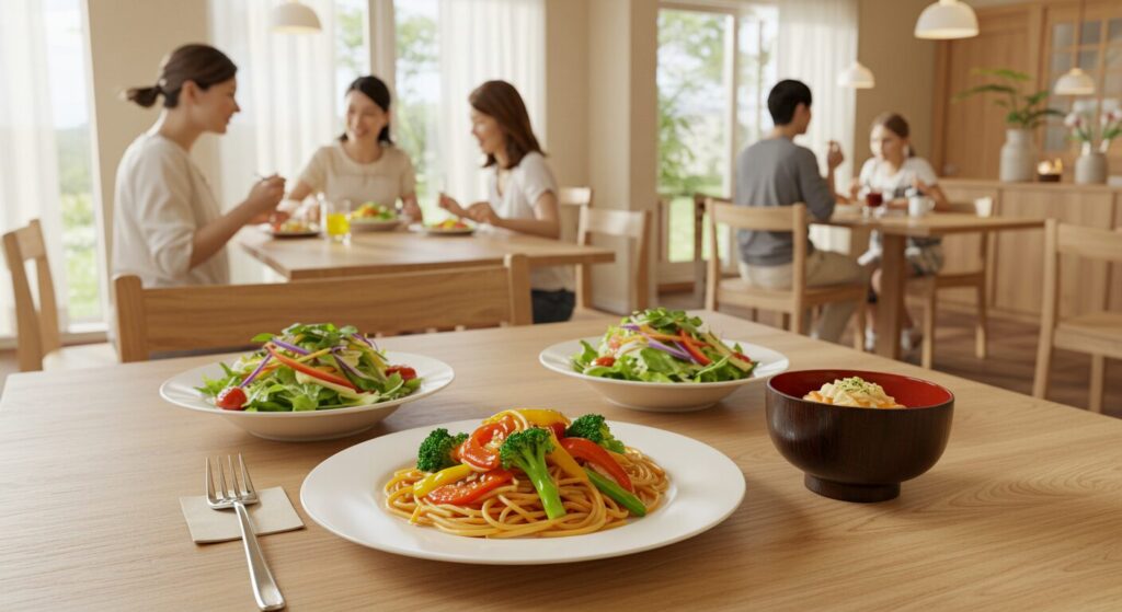 ファミレスの和風パスタとサラダのセット、彩り豊かな野菜、自然光の差し込む明るい店内