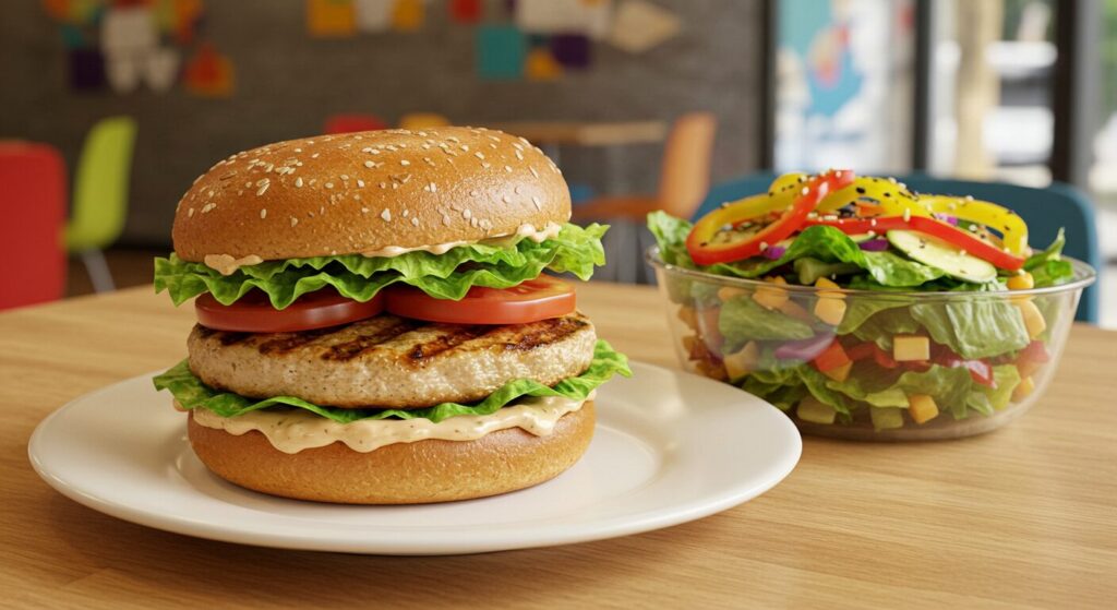 ヘルシーなファストフードセット、グリルチキンバーガーとサラダ、明るくカジュアルな雰囲気