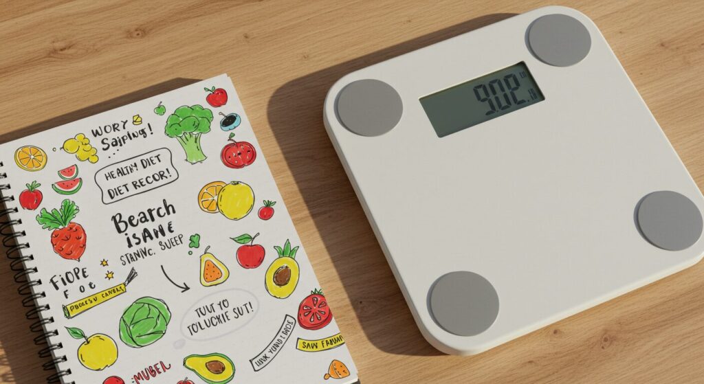 体重計と健康的な食事の記録ノート、明るくポジティブな雰囲気