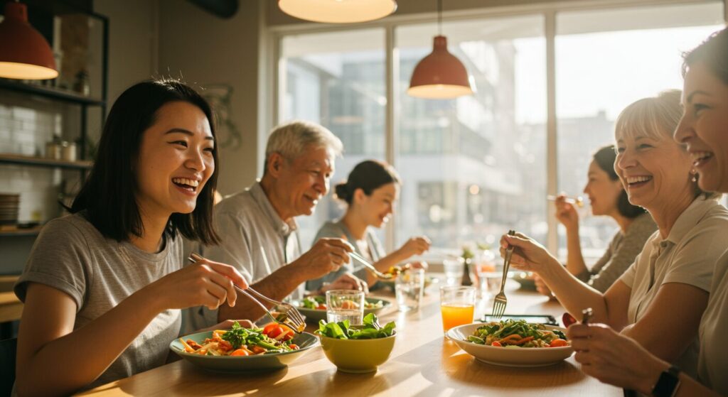 笑顔で外食を楽しむ人々、ヘルシーな料理、明るく前向きな雰囲気、希望を感じる構図
