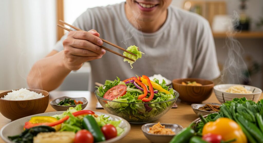 野菜から食べ始める食事風景、色とりどりのサラダが前面に、箸で野菜を取る手元