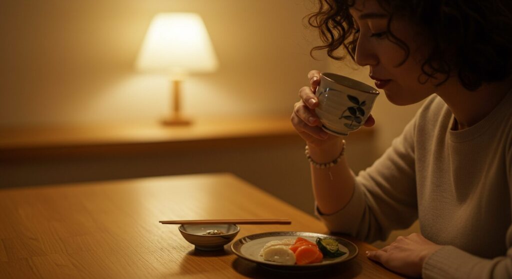 ゆっくりと食事を楽しむ様子、箸を置いてお茶を飲む手元、リラックスした食事風景