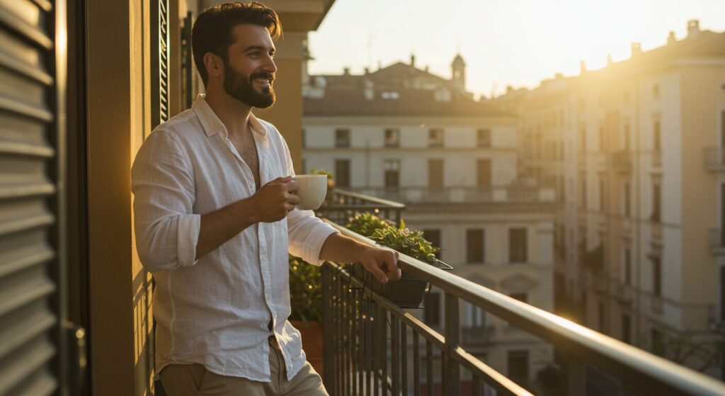 朝日を浴びながらベランダでコーヒーを飲む男性、爽やかな表情、朝の清々しい雰囲気