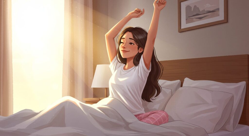 朝すっきり目覚めた人がベッドで伸びをしている様子、明るい朝の光、爽やかな表情、温かみのあるイラスト
