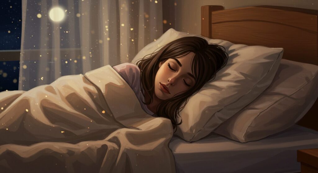 深く眠っている人の横顔、穏やかな表情、月明かりが差し込む静かな夜の寝室、安らぎを感じるイラスト