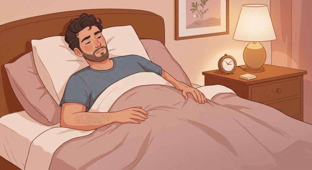 朝スッキリ起きて伸びをしている人のイラスト、明るく前向きな表情、爽やかな朝の光