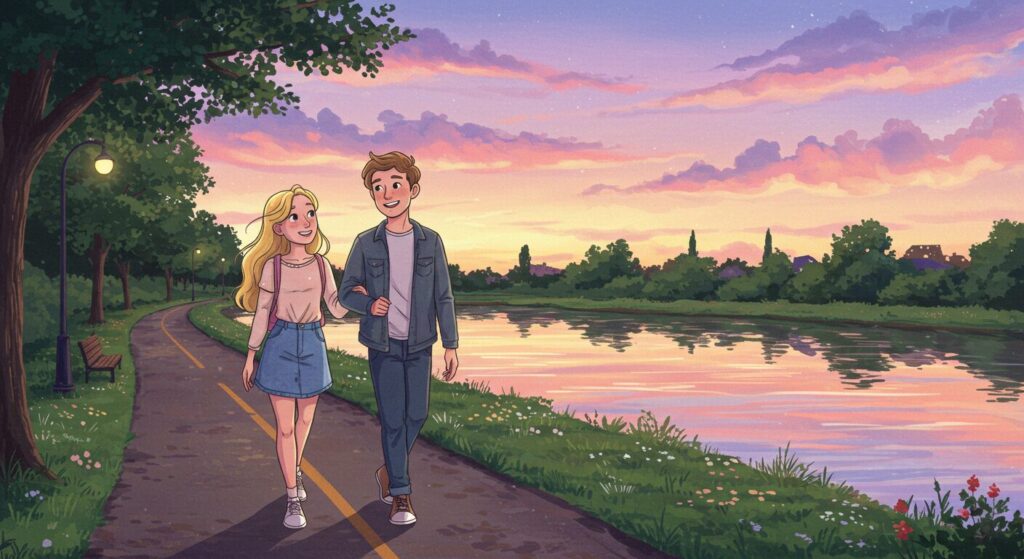 夕方に軽い散歩をしている人のイラスト、爽やかな表情、自然な風景