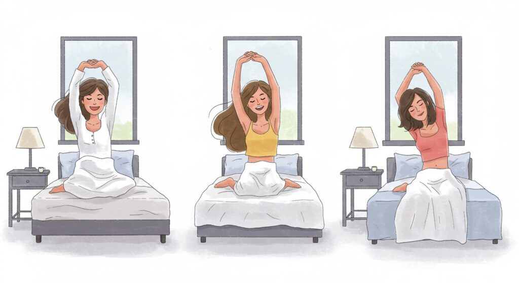 朝スッキリ起きて伸びをしている人のイラスト、明るく前向きな表情、爽やかな朝の光