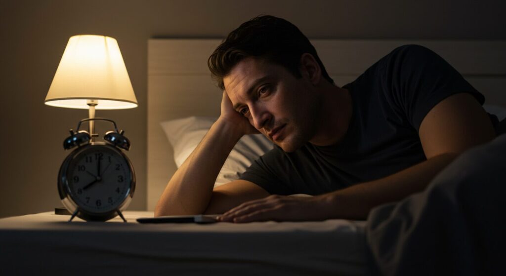 疲れた表情の30代ビジネスパーソンが夜ベッドサイドで時計を見ている様子、温かみのある照明
