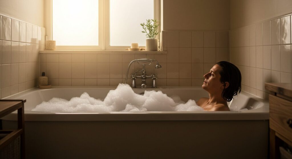 温かい照明のバスルームで、リラックスしている30代の人のシルエット、入浴剤の泡