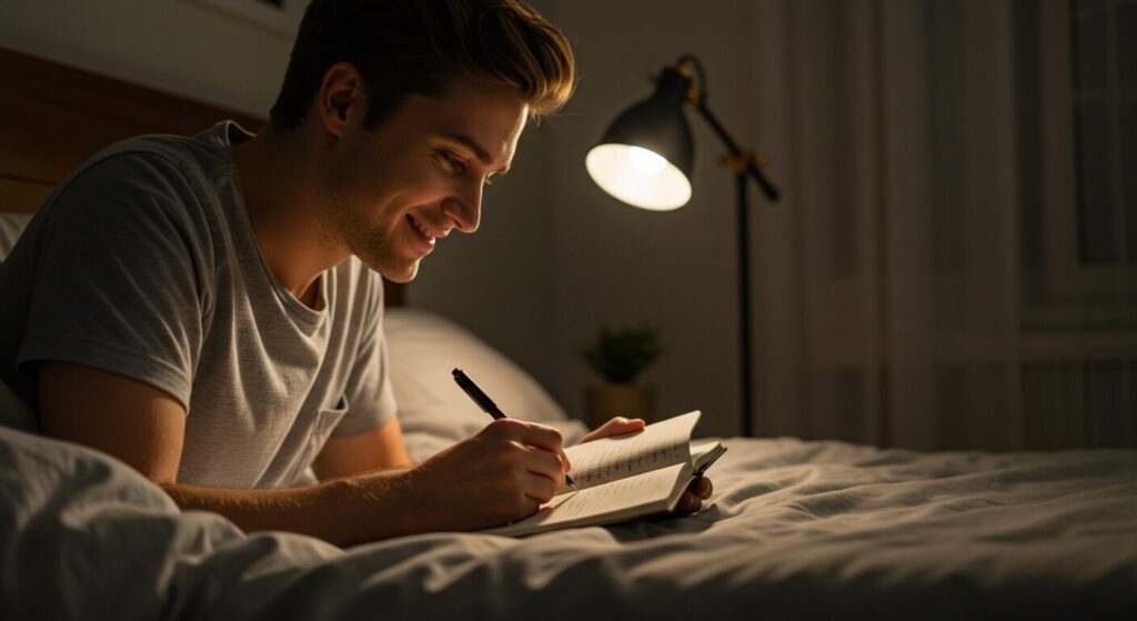 ベッドサイドでノートに明日の予定を書いている30代の手元、温かい間接照明