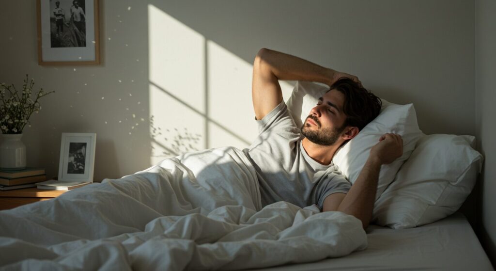 週末の朝、自然光が入る寝室で気持ちよく目覚める30代の人