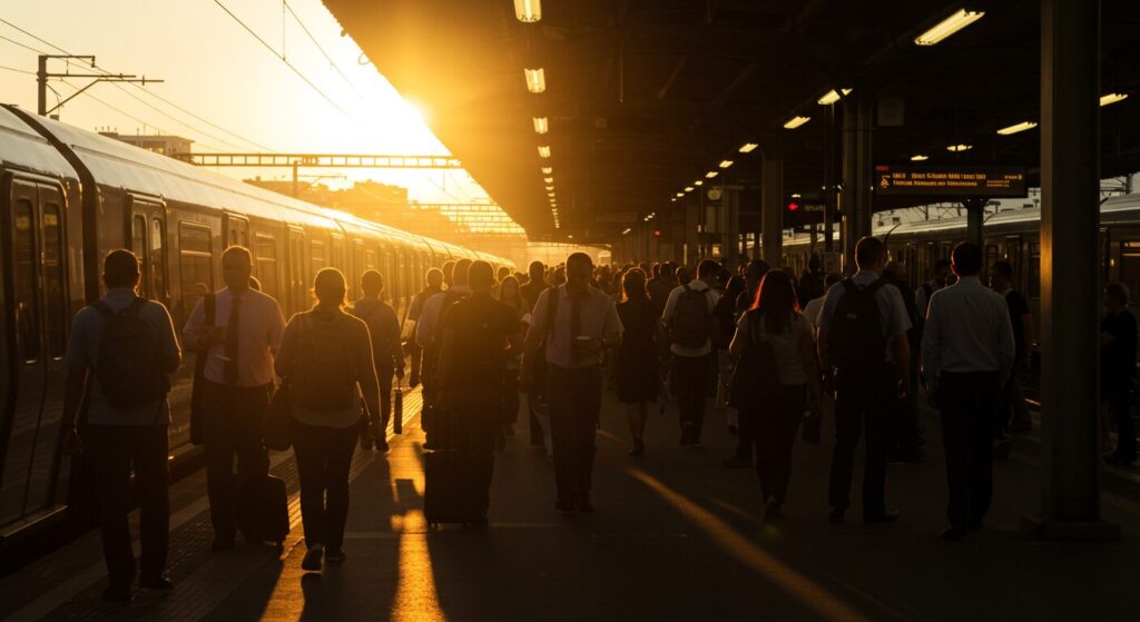 駅のホームで電車を待つサラリーマンとOLのシルエット、朝の通勤ラッシュ時間帯、自然光