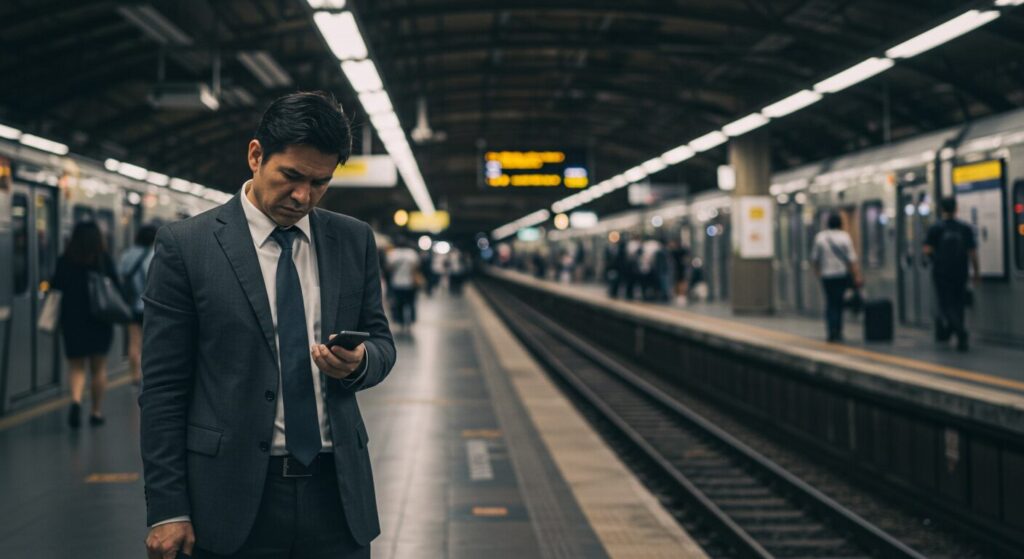 疲れた表情でスマートフォンを見ながら駅で電車を待つビジネスパーソン、疲労感のある雰囲気