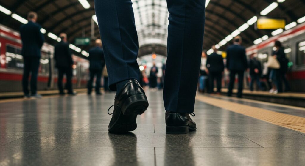 ビジネススーツを着た人の足元、かかとを軽く上げている様子、駅のホーム