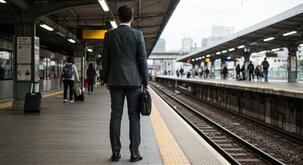 駅のホームで正しい姿勢で立つビジネスパーソン、背筋を伸ばした美しい立ち姿